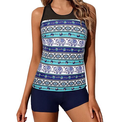 

Women's Swimwear Tankini 2 Piece Plus Size Swimsuit Open Back Printing Geometric Blue Vest Scoop Neck Bathing Suits New Vacation Fashion / Modern