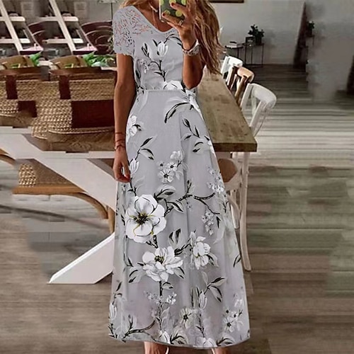 

Dame Kjole med A-linje Lang kjole Maxikjole Grå Kortermet Blomstret Blonde Vår Sommer V-hals Fritid 2023 S M L XL XXL