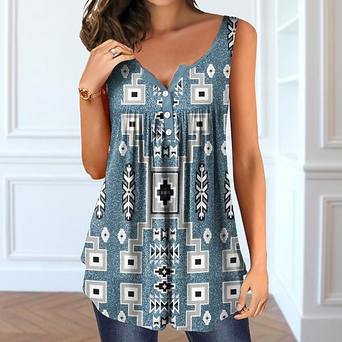 

Women's Tank Top Camis Tunic Blue Purple Pink Geometric Button Print Sleeveless Daily Weekend Streetwear Casual V Neck Regular Geometric S