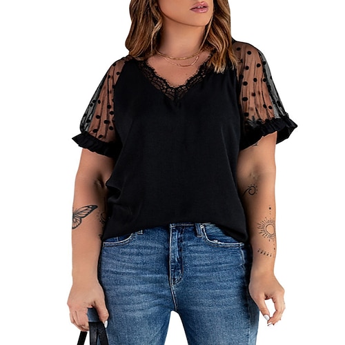 

Women's Plus Size Tops Blouse T shirt Tee Plain Lace Patchwork Short Sleeve V Neck Streetwear Daily Back to School Polyester Spring Summer White Black