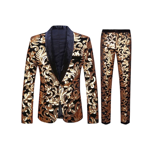 

Gold Men's Halloween Party Tuxedos 2 Piece Shawl Collar Sequin Tailored Fit Single Breasted One-button 2022