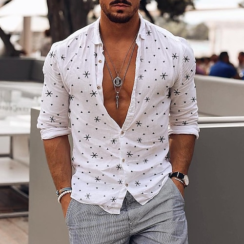 

Herren Hemd Hawaiihemd Sommerhemd Knopfhemd Sommerhemd Weiß Langarm Punkt Schneeflocke Rollkragen Outdoor Strasse Button-Down Bekleidung Modisch Brautkleider schlicht Atmungsaktiv