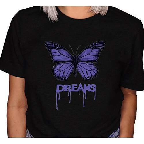 

Women's Butterfly Heart Text Casual Weekend Butterfly Painting T shirt Tee Short Sleeve Print Round Neck Basic Essential Tops Black Purple Yellow S