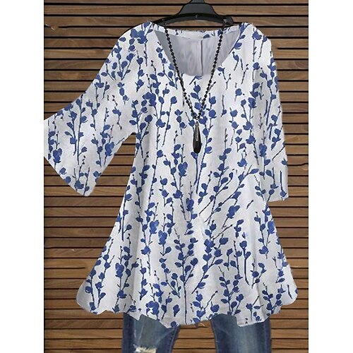 

Women's Plus Size Tops Blouse Shirt Floral Leaf Print 3/4 Length Sleeve Crewneck Streetwear Daily Holiday Cotton Spandex Jersey Fall Spring Green Blue