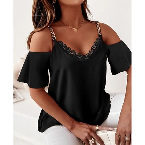 

Women's Blouse Shirt Black Plain Cut Out Lace Trims Short Sleeve Daily Weekend Streetwear Casual V Neck Regular S