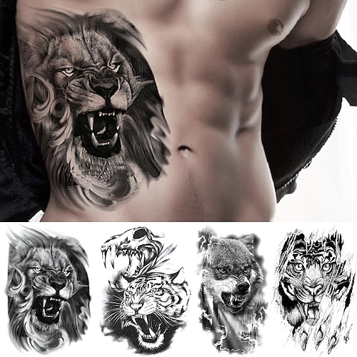 

4PCS Lion Skull Tiger Temporary Tattoo Sticker Lion Wolf Waterproof Tatto Warrior Soldier Body Art Arm Fake Tatoo Men Women