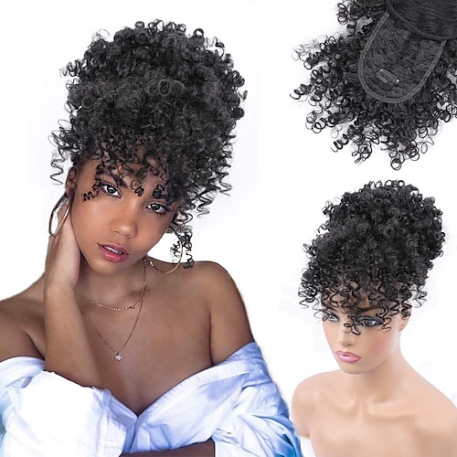 

Drawstring Ponytail with Bangs Afro Puff Ponytail Extensions for Women Short Curly Puff Ponytail with Bangs Clip in Wrap Updo Hairpiece for Women