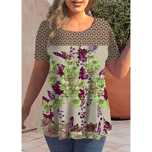 

Women's Plus Size Tops T shirt Tee Floral Print Short Sleeve Crewneck Streetwear Daily Going out Cotton Spandex Jersey Spring Summer Green Blue
