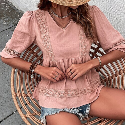 

Mujer Camisa Blusa Peplo Rosa Plano Túnica fluida Media Manga Diario Fin de semana Ropa de calle Casual Escote en Pico Regular S