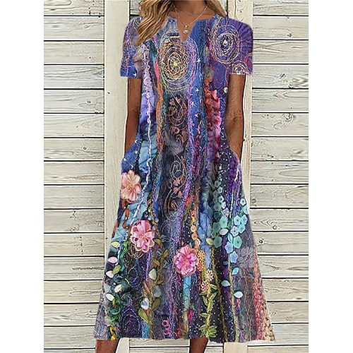 

Women's Casual Dress Midi Dress Green Purple Short Sleeve Floral Pocket Spring Summer V Neck 2022 S M L XL XXL 3XL