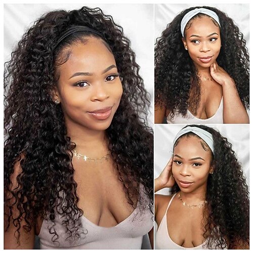 

Remy Human Hair Wig Long Kinky Curly With Headband Natural Black Adjustable Natural Hairline Glueless Machine Made Brazilian Hair All Black 10 inch 12 inch 14 inch Daily Wear Party & Evening