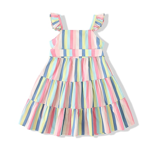 

Kids Little Girls' Dress Rainbow Color Block Strap Dress Daily Vacation Pink Knee-length Sleeveless Sweet Dresses 2-6 Years