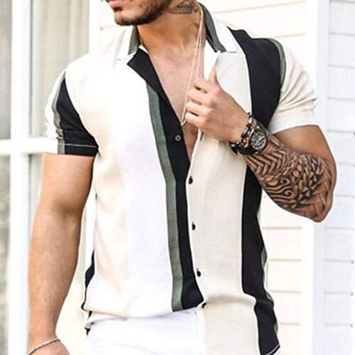 

Men's Shirt Striped Turndown Street Casual Button-Down Short Sleeve Tops Casual Fashion Breathable White / Summer