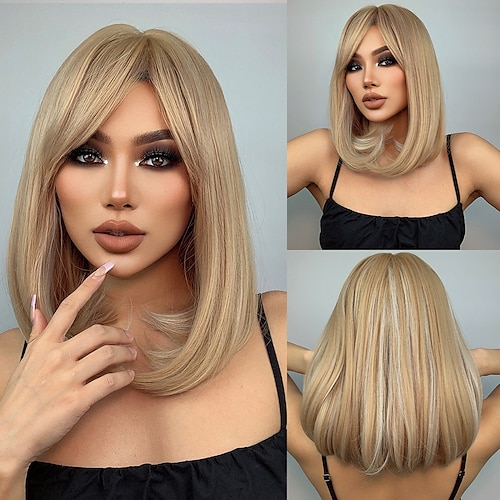 

HAIRCUBE Wigs Blonde Long BOB Wavy Wigs With Bangs Balayage Hair Auburn Pink Wigs Cosplay for Women