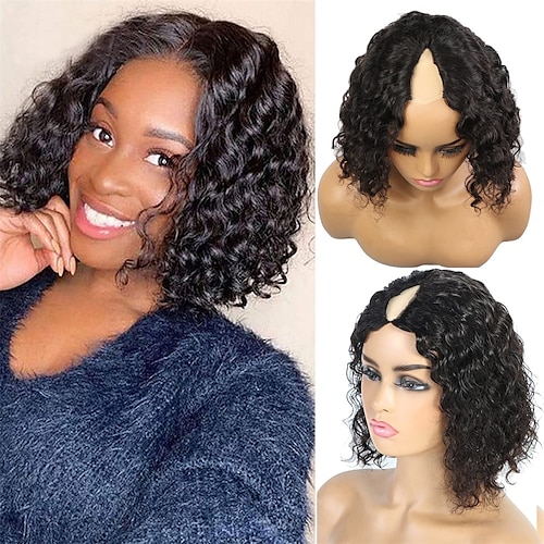 

Human Hair Wig Water Wave Middle Part Natural Black Easy to Carry Women Easy dressing Machine Made Brazilian Hair Women's Natural Black #1B 10 inch 12 inch 14 inch Party / Evening Daily Wear Vacation