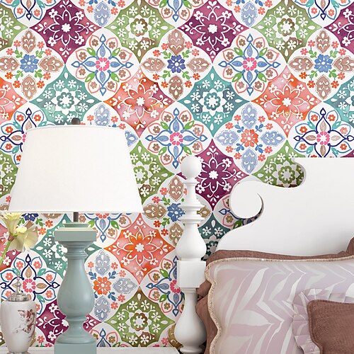 

Imitation Ceramic Tile Wallpaper Bohemian National Style Mediterranean Southeast Asian Style Living Room Bedroom TV Background Wallpaper