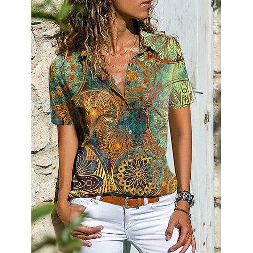 

Women's Blouse Shirt Green Blue Red Graphic Paisley Button Print Short Sleeve Daily Weekend Streetwear Casual Shirt Collar Regular Bohemian Theme S