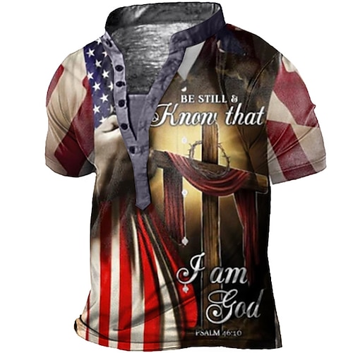 

Men's T shirt Tee Henley Shirt Tee Graphic Cross National Flag Stand Collar Red 3D Print Plus Size Outdoor Daily Short Sleeve Button-Down Print Clothing Apparel Basic Designer Casual Big and Tall
