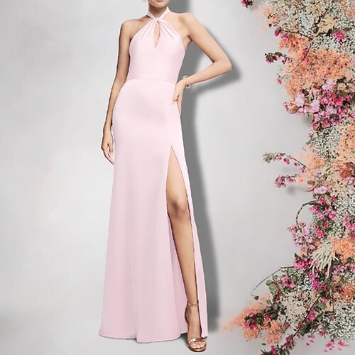 

Sheath / Column Bridesmaid Dress Halter Neck Sleeveless Sexy Floor Length Chiffon with Split Front 2022