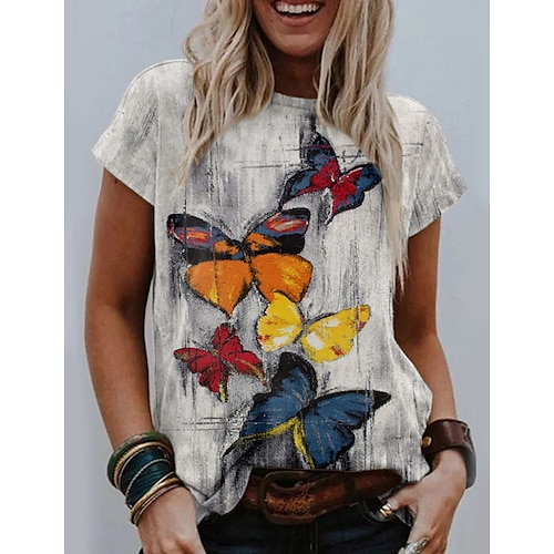 

Mujer Camiseta Gris Mariposa Estampado Manga Corta Casual Festivos Básico Escote Redondo Regular Mariposa Pintura S