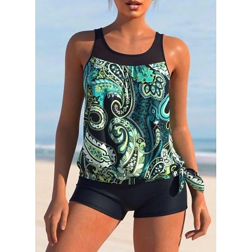 

Women's Swimwear Tankini 2 Piece Normal Swimsuit High Waisted Floral Print Leaves Floral Green Black Blue Padded Bathing Suits Sports Vacation Sexy / New