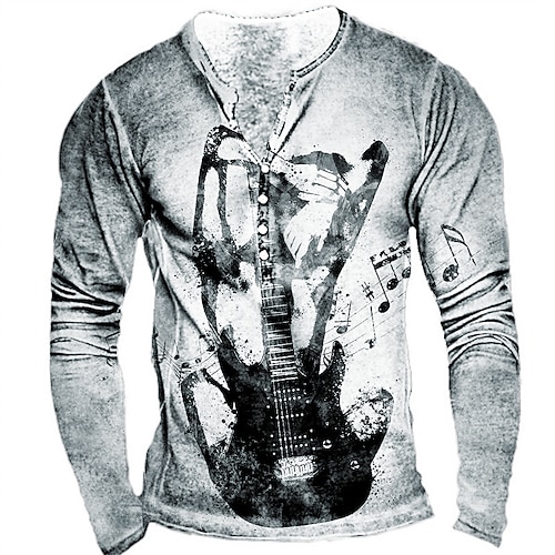 

Men's T shirt Tee Henley Shirt Tee Graphic Guitar Henley Gray 3D Print Plus Size Outdoor Daily Long Sleeve Button-Down Print Clothing Apparel Basic Designer Casual Classic / Sports