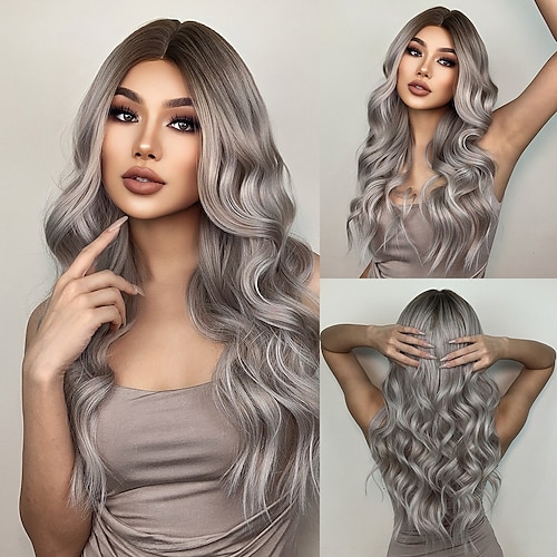 

HAIRCUBE Ombre Grey Natural Wavy Wigs For Women Middle Part Ombre Brown Wave Heast Resistent Hair