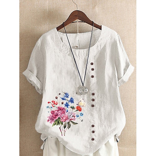 

Women's Shirt White Yellow Light Green Floral Butterfly Button Print Short Sleeve Daily Weekend Streetwear Casual Round Neck Regular Floral Butterfly S