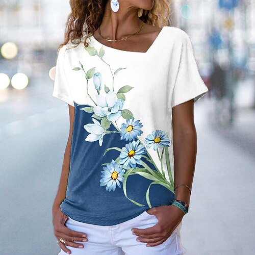 

Women's T shirt Tee Green Blue White Floral Color Block Print Short Sleeve Casual Weekend Basic V Neck Regular Floral Painting S / 3D Print