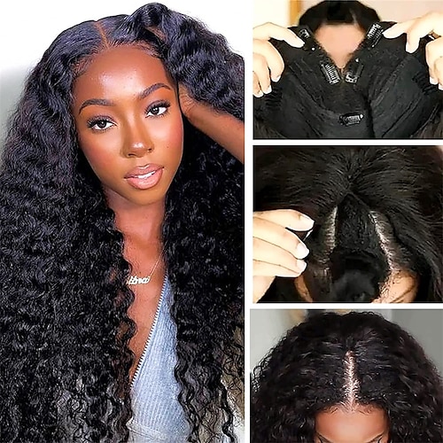 

Human Hair Wig Long Deep Wave Middle Part Natural Black Easy to Carry Women Easy dressing Machine Made Brazilian Hair Women's Natural Black #1B 16 inch 18 inch 20 inch Party / Evening Daily Wear