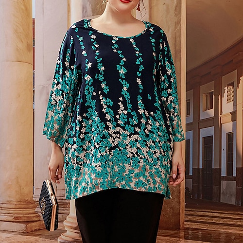 

Women's Plus Size Tops Blouse Shirt Plain Print Long Sleeve Round Neck Streetwear Daily Going out Polyester Spring Summer White Dark Green