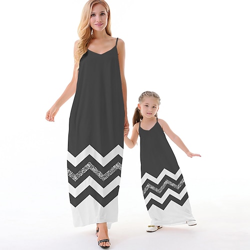 

Mommy and Me Dresses Geometric Causal Backless Gray Sleeveless Maxi Strap Dress Active Matching Outfits