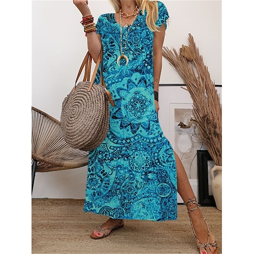 

Mulheres Vestido casual Vestido de turno Azul Manga Curta Floral Fenda Primavera Verão Decote V 2022 S M L XL XXL 3XL