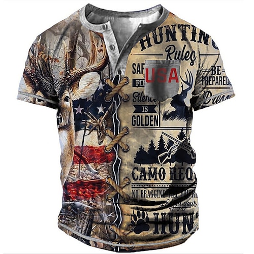 

Men's Henley Shirt Tee T shirt Tee 3D Print Graphic Patterned Deer Letter Plus Size Henley Daily Sports Button-Down Print Short Sleeve Tops Basic Casual Classic Big and Tall Brown / Summer