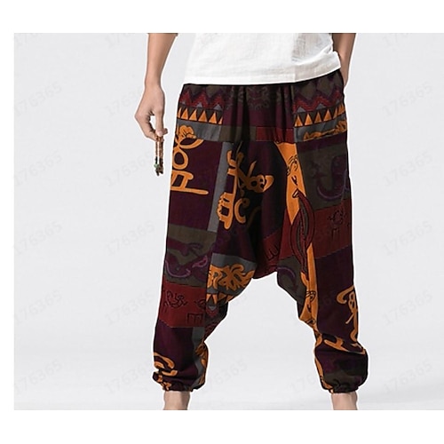 

Men's Trousers Beach Pants Casual Pants Baggy Harem Pants Drawstring Elastic Waistband Graphic Prints Breathable Holiday Beach Fashion Casual Loose Fit Brown