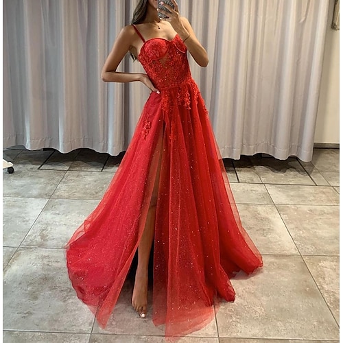 

A-Line Prom Dresses Floral Dress Formal Evening Floor Length Sleeveless Spaghetti Strap Tulle with Slit Appliques 2022