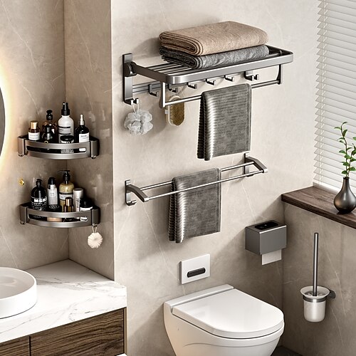 

Gun Ash Foldable Bath Towel Rack Hole Free Toilet Bathroom Storage Rack Wall Mounted Toilet Space Aluminum Toilet Towel Rack Toilet Brush