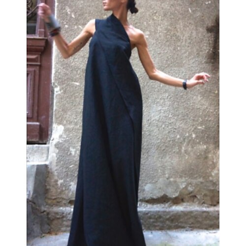 

Women's Shift Dress Long Dress Maxi Dress Navy Blue Sleeveless Pure Color Ruched Spring Summer One Shoulder 2022 M L XL XXL