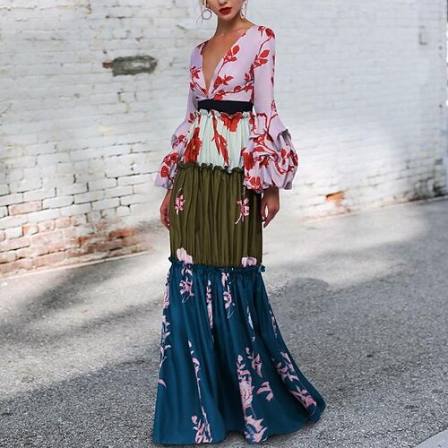 

Women's Party Dress flower Long Sleeve Ruched Winter Fall Autumn Deep V Fashion Winter Dress Fall Dress 2022 S M L XL 2XL 3XL