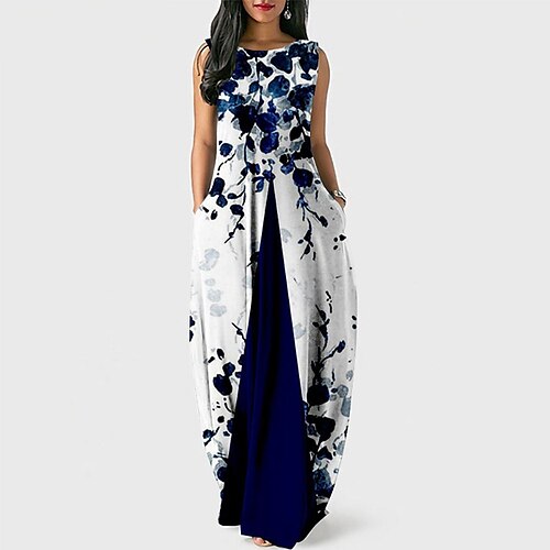 

dames feestjurk shift jurk lange jurk maxi jurk blauw wijn donkerblauw mouwloos bloemen pocket lente zomer ronde hals party 2023 s m l xl xxl 3xl