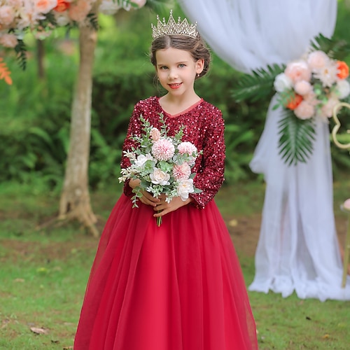 Kids Little Girls' Dress Plain Tulle Dress Party Performance Sequins Bow Red Knee-length Long Sleeve Cute Sweet Dresses Thanksgiving Regular Fit 4-13 Years