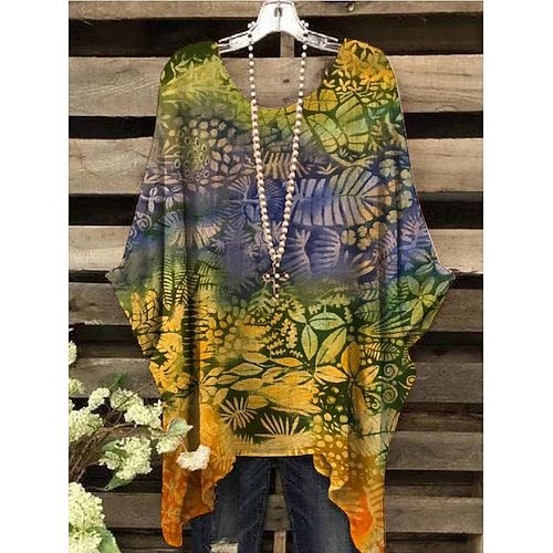 

Women's Holiday Beach Floral T shirt Tee Shirt Floral 3/4 Length Sleeve Asymmetric Print Round Neck Casual Beach Tops Yellow S / 3D Print