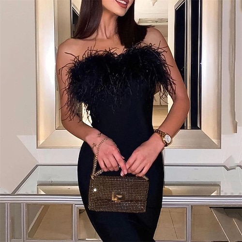 

Women's Party Dress Feather Dress Bodycon Midi Dress Black White Sleeveless Pure Color Backless Spring Summer Strapless 2022 S M L XL XXL