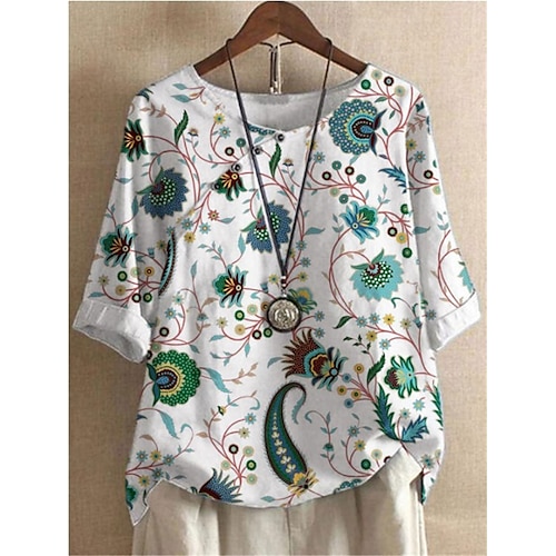 

Women's Plus Size Tops Blouse Shirt Floral Print Half Sleeve Crewneck Streetwear Daily Going out Polyester Fall Spring Green White