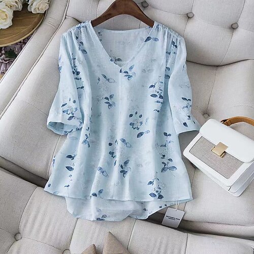 

Women's Plus Size Tops Blouse Shirt Floral Leaf Print Half Sleeve V Neck Streetwear Daily Going out Cotton Spring Summer Blue Yellow