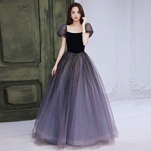 

A-Line Bridesmaid Dress Square Neck Short Sleeve Elegant Floor Length Tulle with Pleats / Sequin 2022