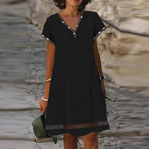 

Women's Casual Dress Shift Dress Midi Dress Black Short Sleeve Pure Color Mesh Spring Summer V Neck 2022 S M L XL XXL 3XL