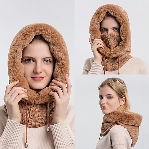 

High Quality Winter Fur Cap Mask Set Hooded for Women Knitted Cashmere Neck Warm Outdoor Ski Windproof Hat Thick Plush Fluffy Beanies