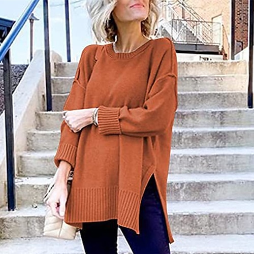 

Women's Pullover Sweater Jumper Ribbed Knit Tunic Split Knitted Solid Color Crew Neck Stylish Casual Daily Going out Fall Winter Blue Khaki S M L / Long Sleeve / Regular Fit / Cotton