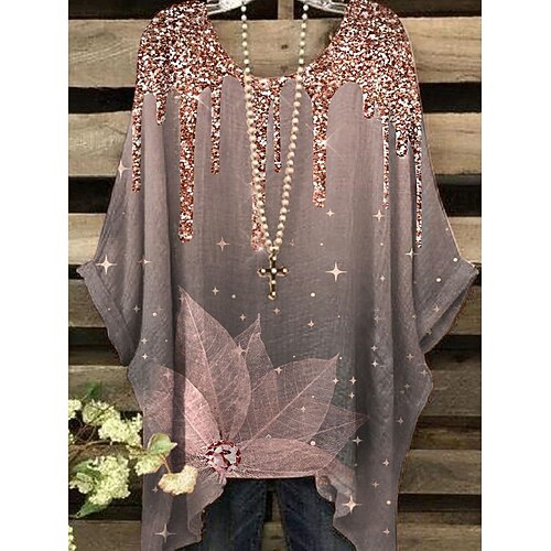 

Women's Blouse Shirt Gray Leaves Asymmetric Print 3/4 Length Sleeve Casual Weekend Streetwear Round Neck Regular Floral S
